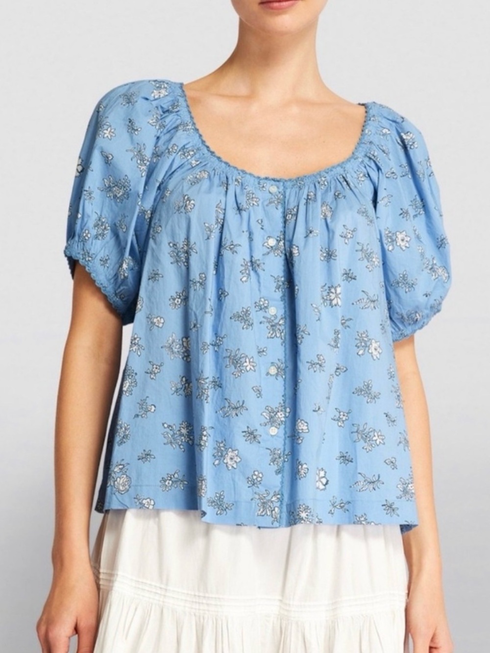 Doen Powder Blue Floral Peasant Blouse